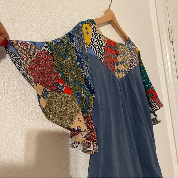 Umgee Dress Womens XL Blue Patchwork Flutter Sleeve w/ Pockets Boho Beach Hippie - Picture 7 of 11